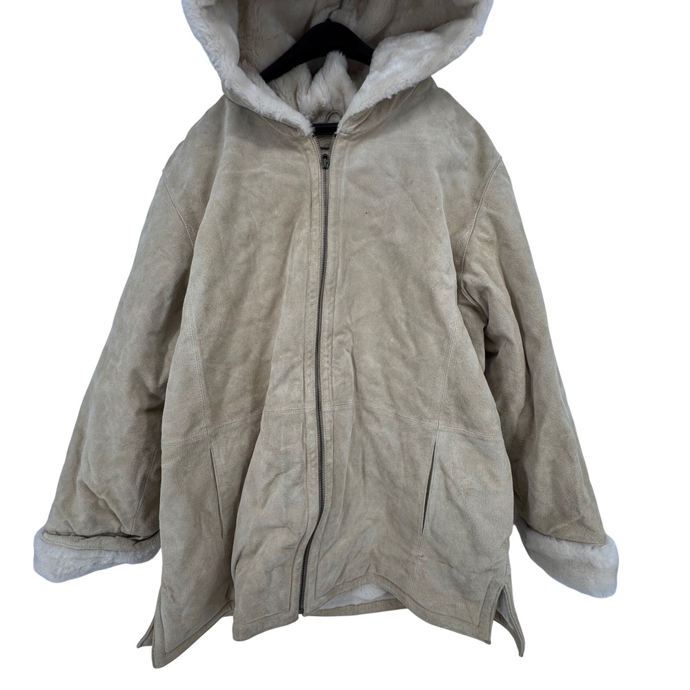 VTG St Johns Bay Womens XL Tan Faux Fur Lined Suede Hooded Parka Jacket Coat